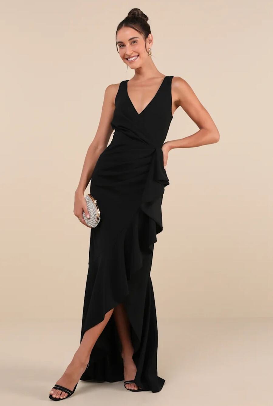 Lulus Pure Loveliness Black Pleated Ruffled High-Low Maxi Dress Large NWOT